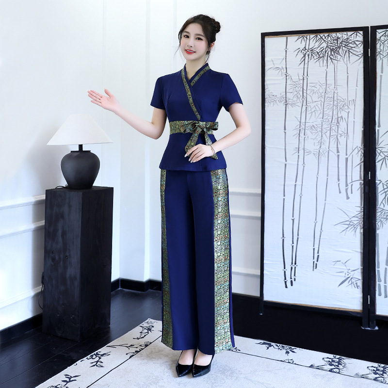 Wellness Spa And Massage - ชุดยูนิฟอร์มทำงานสำหรับช่างนวดเท้าสปาสุขภาพสตรี ศูนย์สุขภาพไทย แขนสั้น ผ้าโพลีเอสเตอร์ สำหรับฤดูใบไม้ผลิและฤดูใบไม้ร่วง